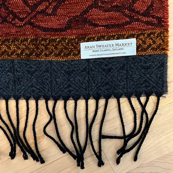 🐑 🇮🇪Unisex Charcoal/Red/Orange Woven Scarf Wool Blend Fringed Scarf 15”W x 63”L - Picture 9 of 17